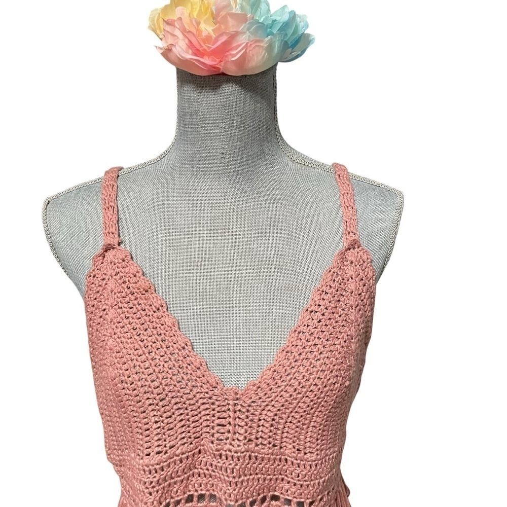 POL Crochet Fringe Crop Top Bralette – Boho Festival Tank, Dusty Rose Pink, Sz L - Picture 6 of 14